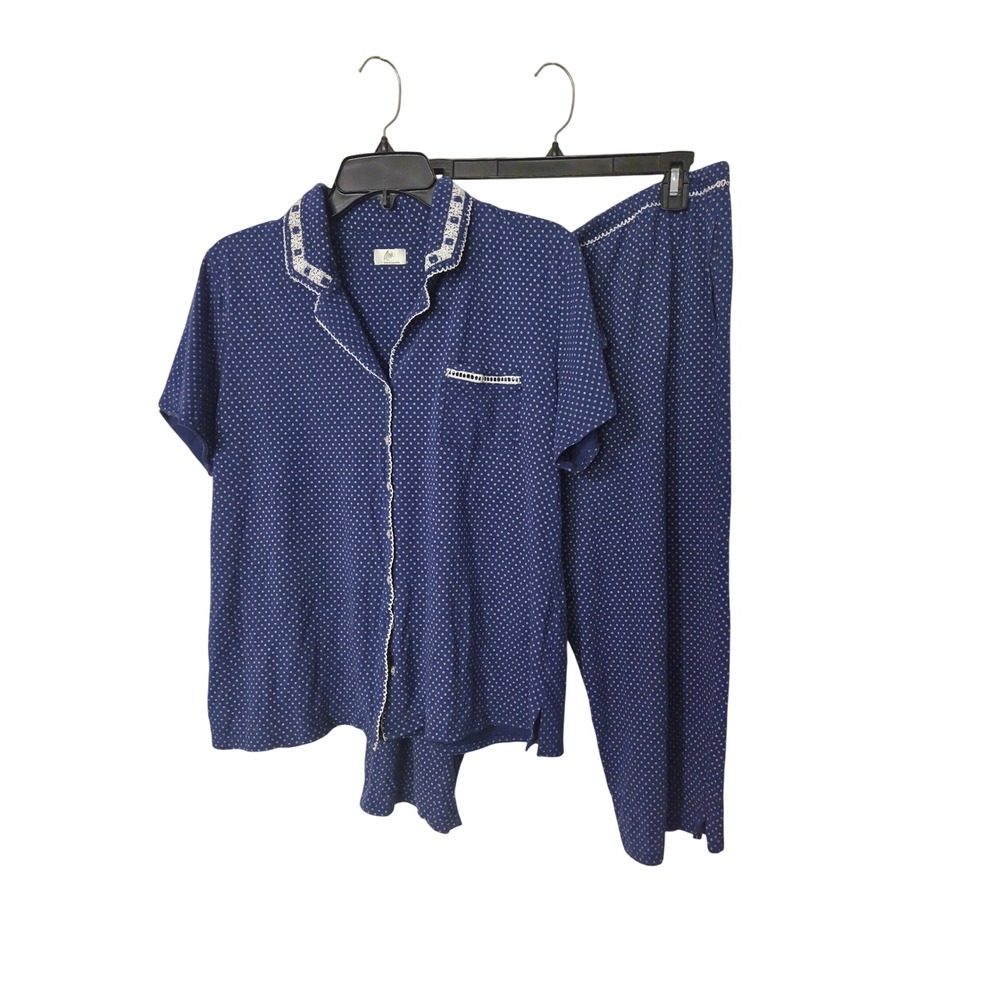 Aria Womens Pajama Set Navy Blue Polka Dot Lace Trim Button Front Size Large